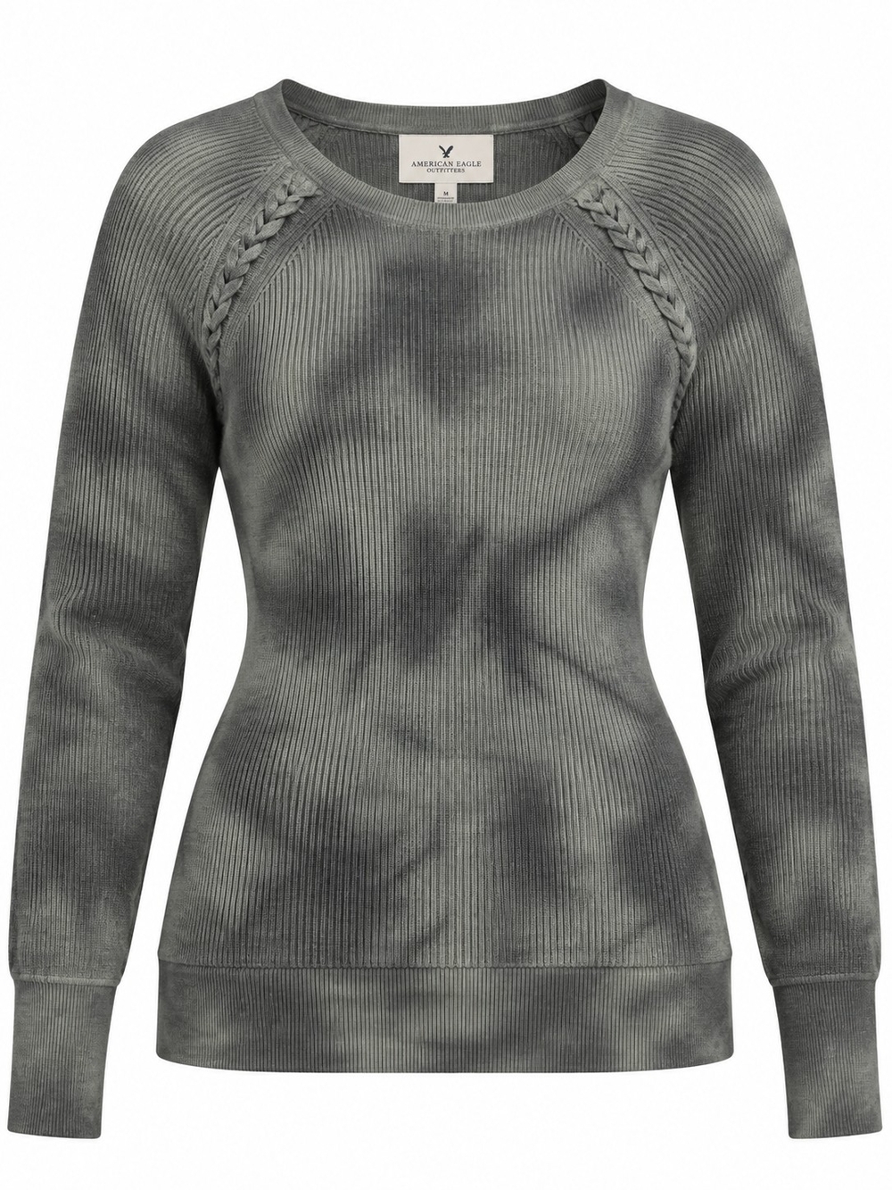 AMERICAN EAGLE | Gray Green Camo Tie Dye Ribbed Braided Shoulder Sweater | M